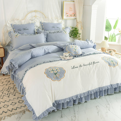 Summer Ruffled Cotton Four-piece Set Girl Heart Embroidery Flower Quilt Cover