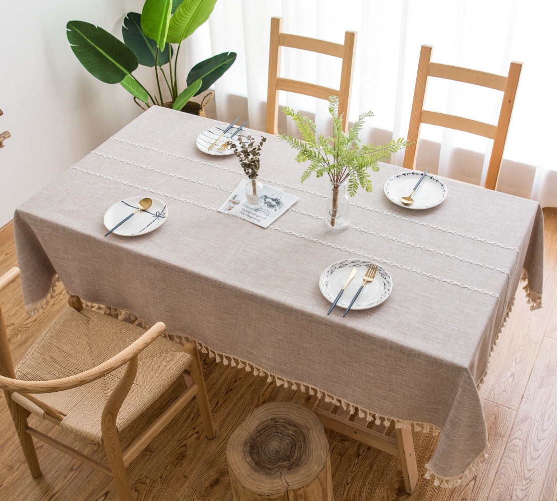 Striped Fabric Dining Room Cotton Linen Embroidered Tassel Tablecloth