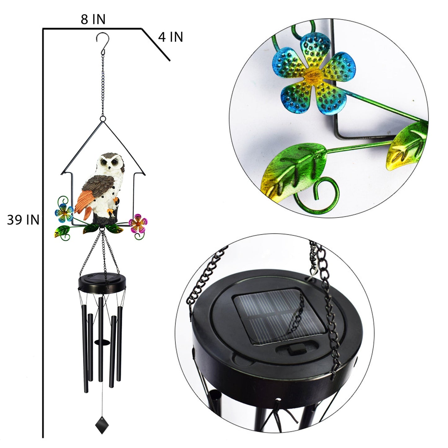 Solar Owl Wind Chime Light Outdoor LED Bird Sculpture Hanging Lamp