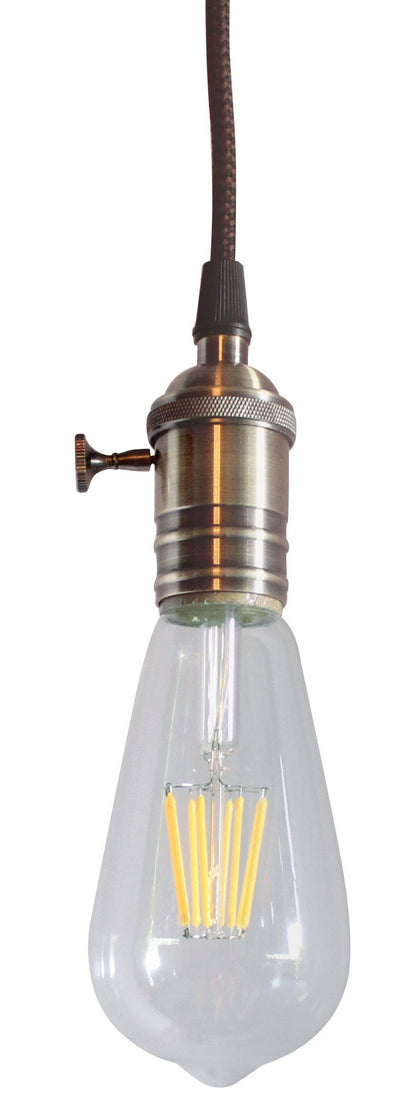 2"W Antique Brass Bare Bulb LED 1 Light Pendant with Retro Switch on