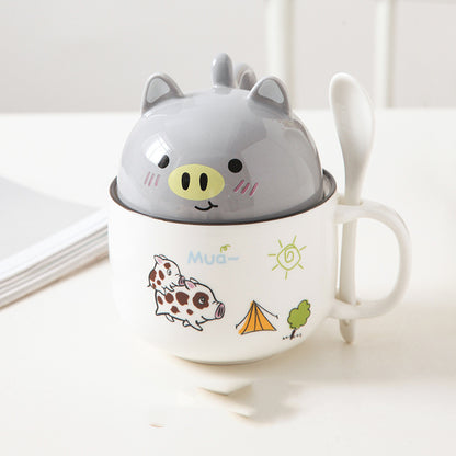 Cartoon Office Ceramic Mug With Lid Spoon