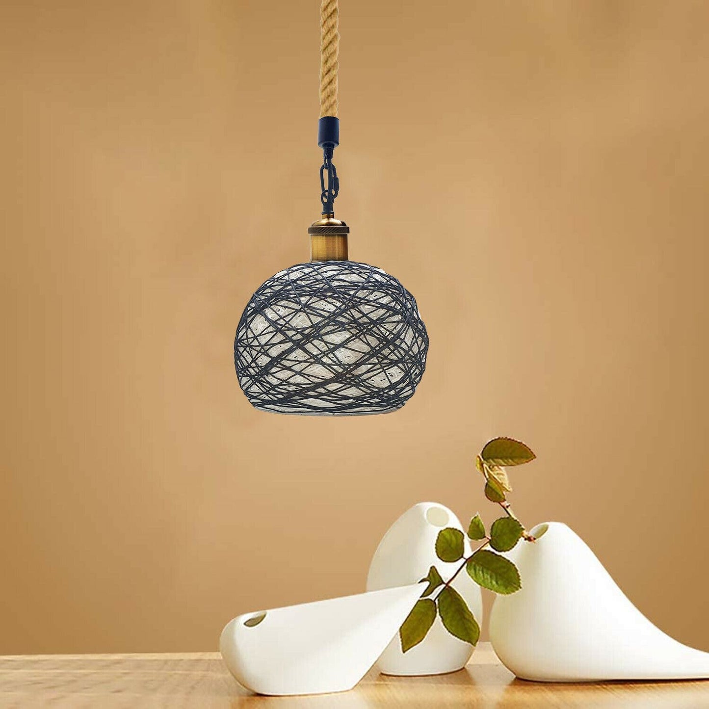 Rattan Ceiling Light lamp Hanging Hemp Rope Pendant Lamp Shade~1333