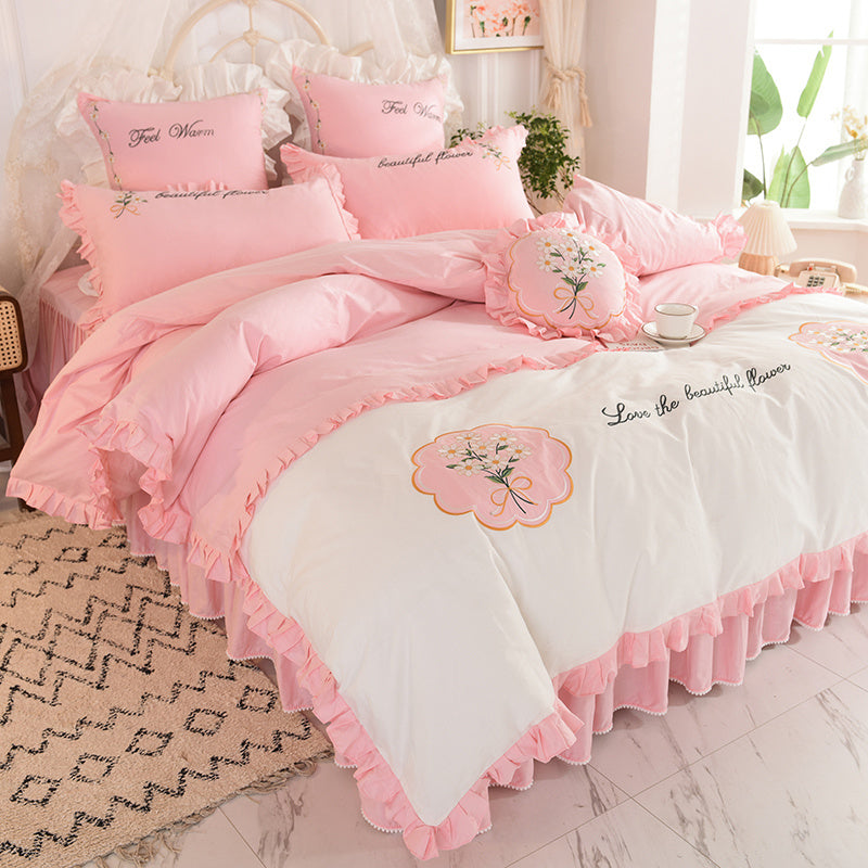 Summer Ruffled Cotton Four-piece Set Girl Heart Embroidery Flower Quilt Cover