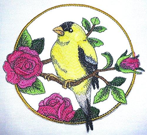 Goldfinch And Rose Circle Embroidered Iron on/Sew patch [5" X 5"]