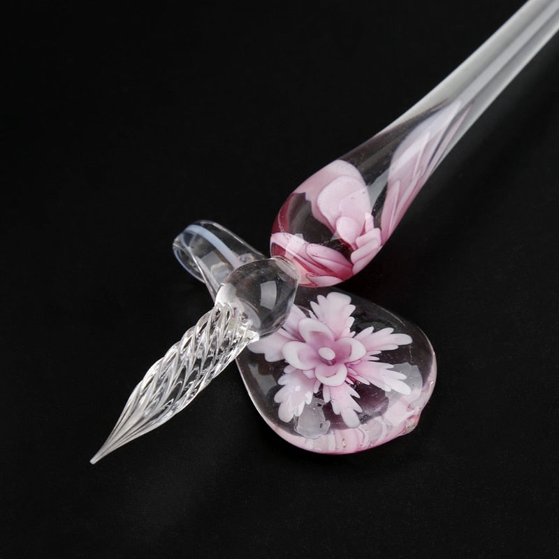 Elegant Crystal Flower Glass Dip Pen Set