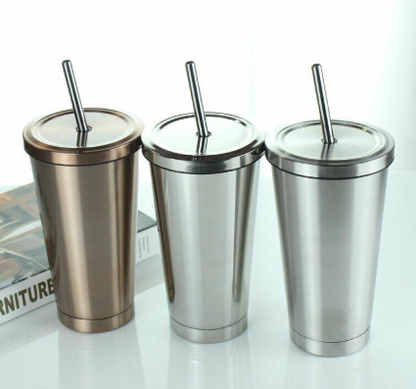 500ML Stainless Steel Empty Tumbler Coffee Cup Mug with Straw Lids Drinking Bottles