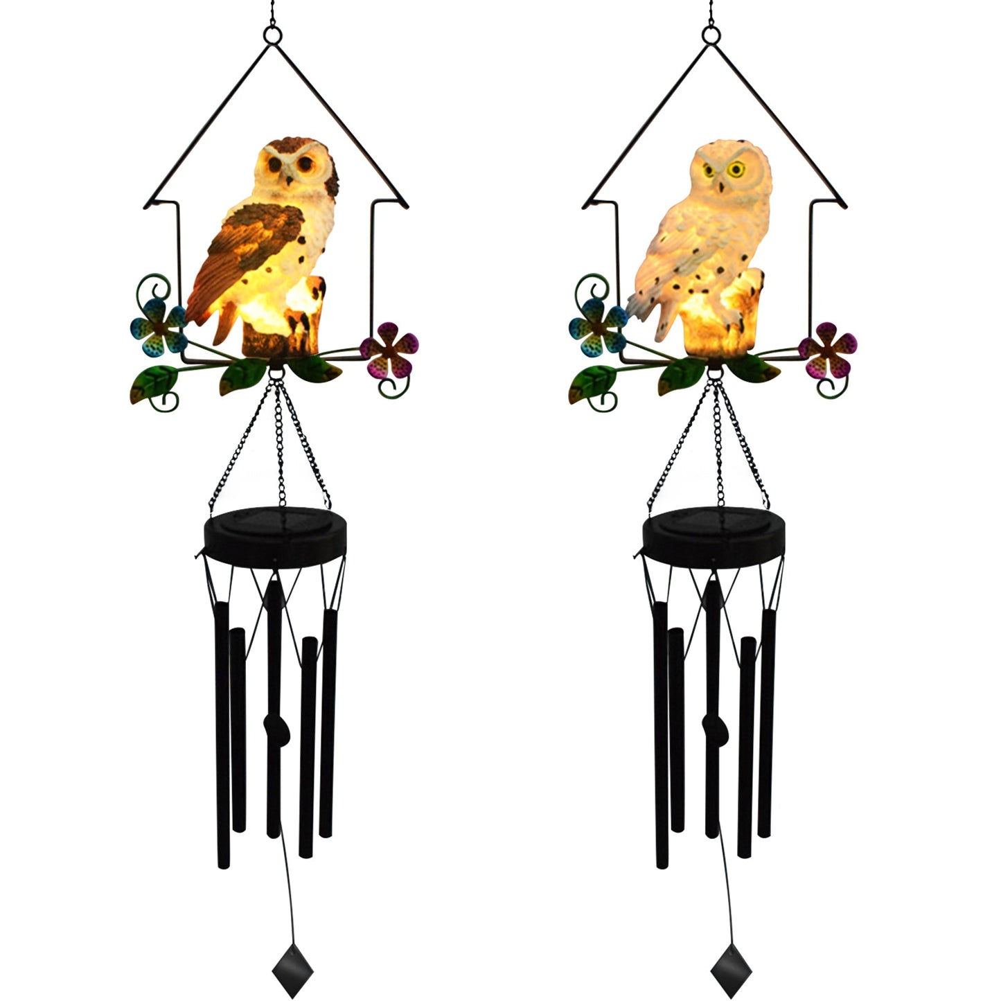 Solar Owl Wind Chime Light Outdoor LED Bird Sculpture Hanging Lamp