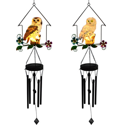 Solar Owl Wind Chime Light Outdoor LED Bird Sculpture Hanging Lamp