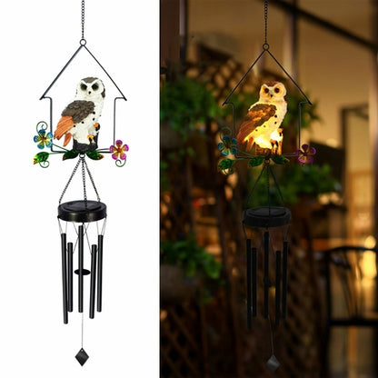 Solar Owl Wind Chime Light Outdoor LED Bird Sculpture Hanging Lamp