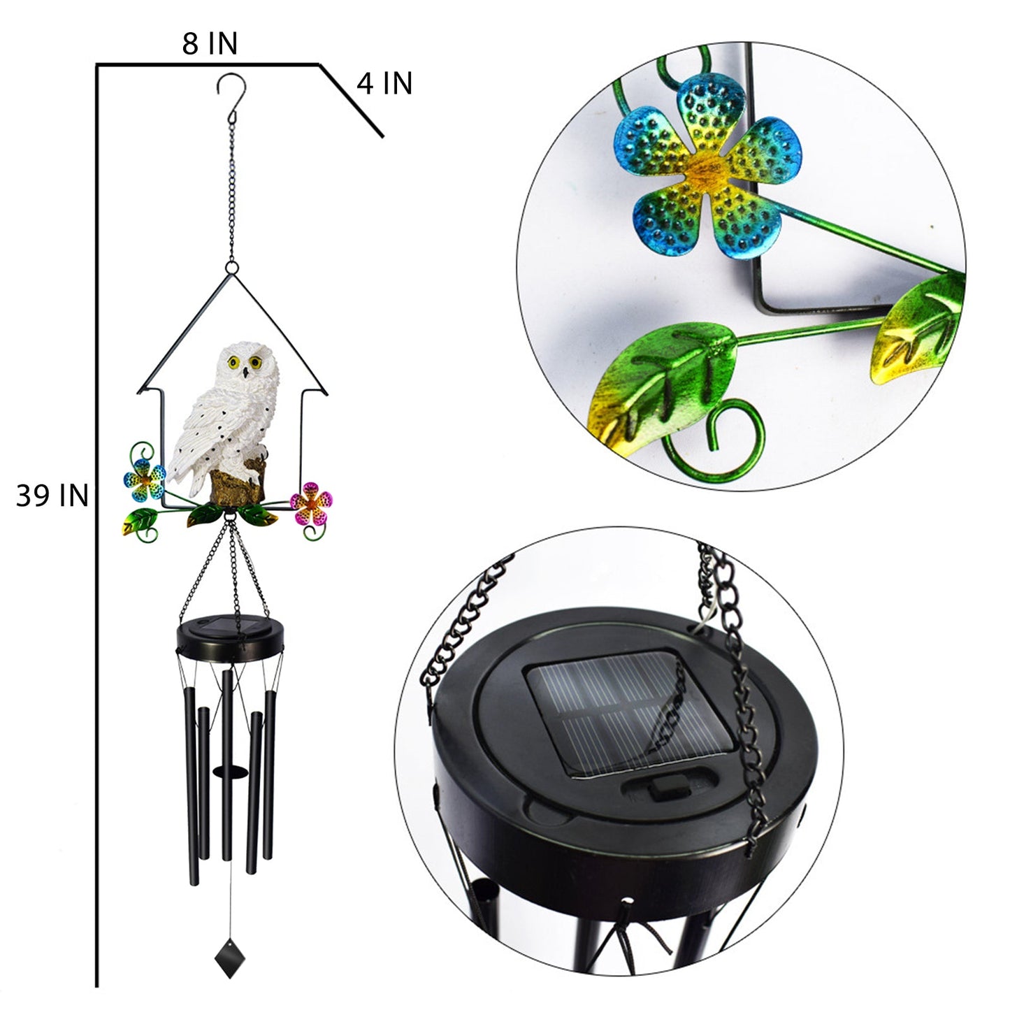 Solar Owl Wind Chime Light Outdoor LED Bird Sculpture Hanging Lamp