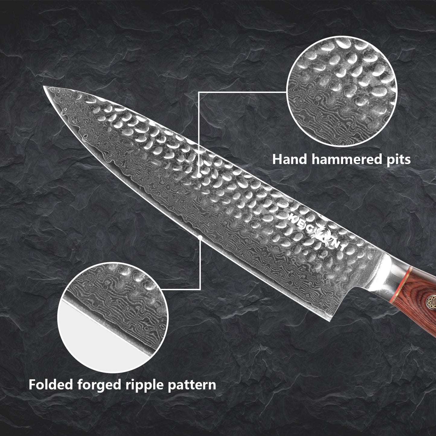 Kegani 8 Inch Damascus Chef Knife 67 Layers 10Cr15CoMoV Japanese Knife Hammered Texture Damascus Knife - FullTang Wood Handle Chefs Knife With Gift Box&Sheath