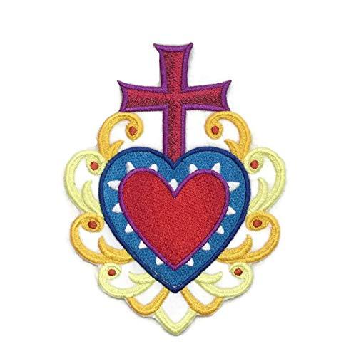 Heart, Cross Milagro Embroidered Iron on/Sew Patch [4.86" X 6.41"]