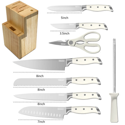 Qulajoy White Knife Set With Block - 9 Piece Razor Sharp Forged High Carbon Stainless Steel Kitchen Knives - Triple Rivet Cooking Knife Set With Kitchen Shear And Sharpener Stick