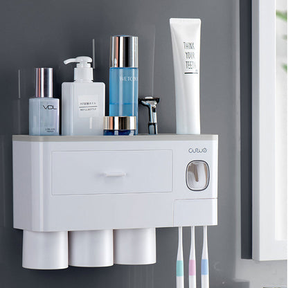 Non-marking Hanging Magnetic Toothbrush Holder Single Drawer Storage Rack With Toothpaste Squeezer Toiletry Set