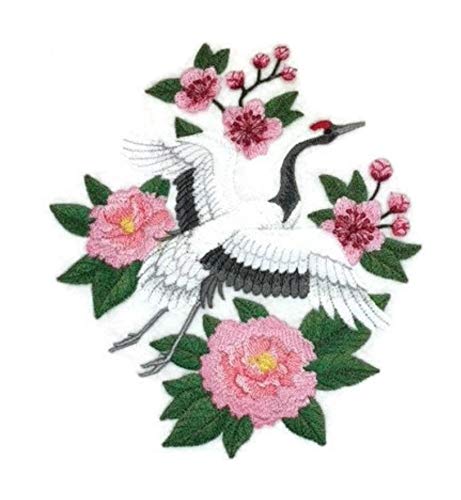 Red Crowned Crane in Bloom Embroidered Iron on/Sew Patch [6.7"x"7.7"]