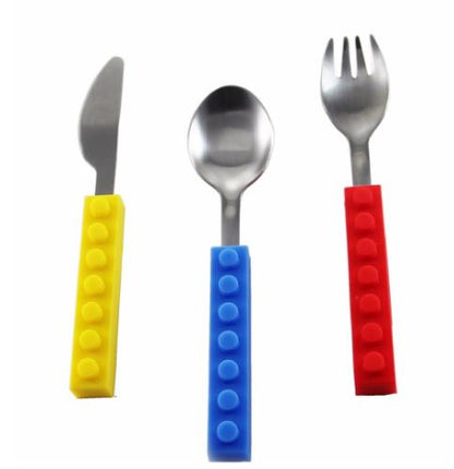 3PCS Creative Bricks Silicone Stainless Steel Portable Travel Kids  Cutlery Fork Picnic Set Gift For CHild Dinnerware