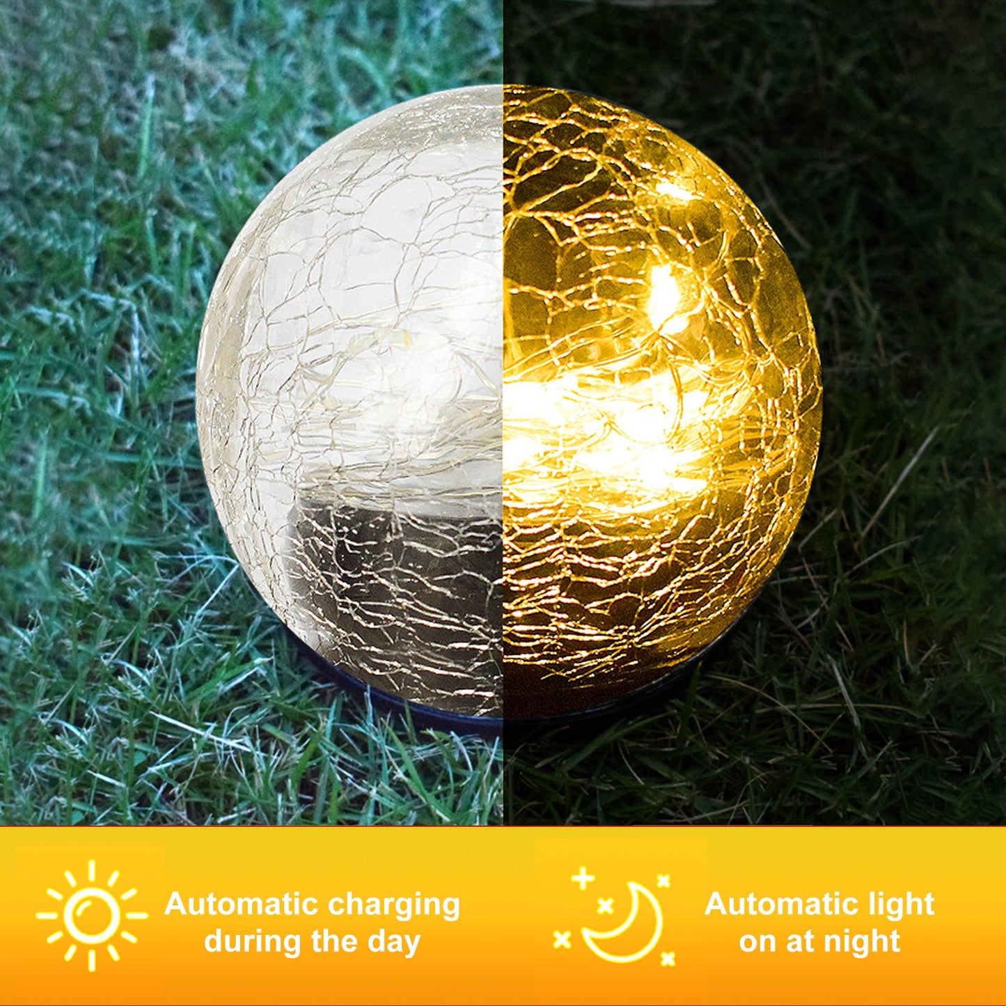 2Pcs Solar Lights Outdoor Garden Decor Cracked Glass Ball Warm Lights