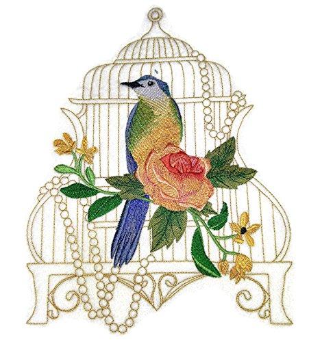 Birdcage with Bluebird Embroidered Iron on/Sew patch [8.82" X 6.85"]