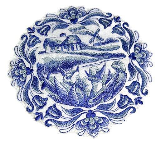 Delft Blue Country Cottage Embroidered Iron on/Sew patch [6.89" X