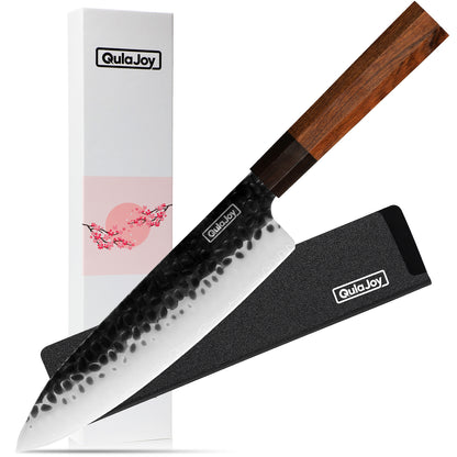 Qulajoy 7 Inch Santoku Knife - Professional Japanese Chef Knife - Razor Sharp 9cr18mov Blade - Hammered Kitchen Knife - Octagonal Rosewood Handle With Sheath