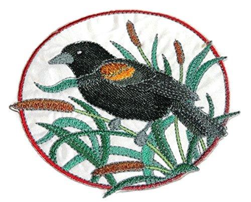 Red-winged Blackbird and Cattail Circle Embroidered Iron on/Sew patch