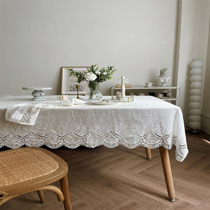 French White Phoenix Tail Flower Anemone Lace Tablecloth