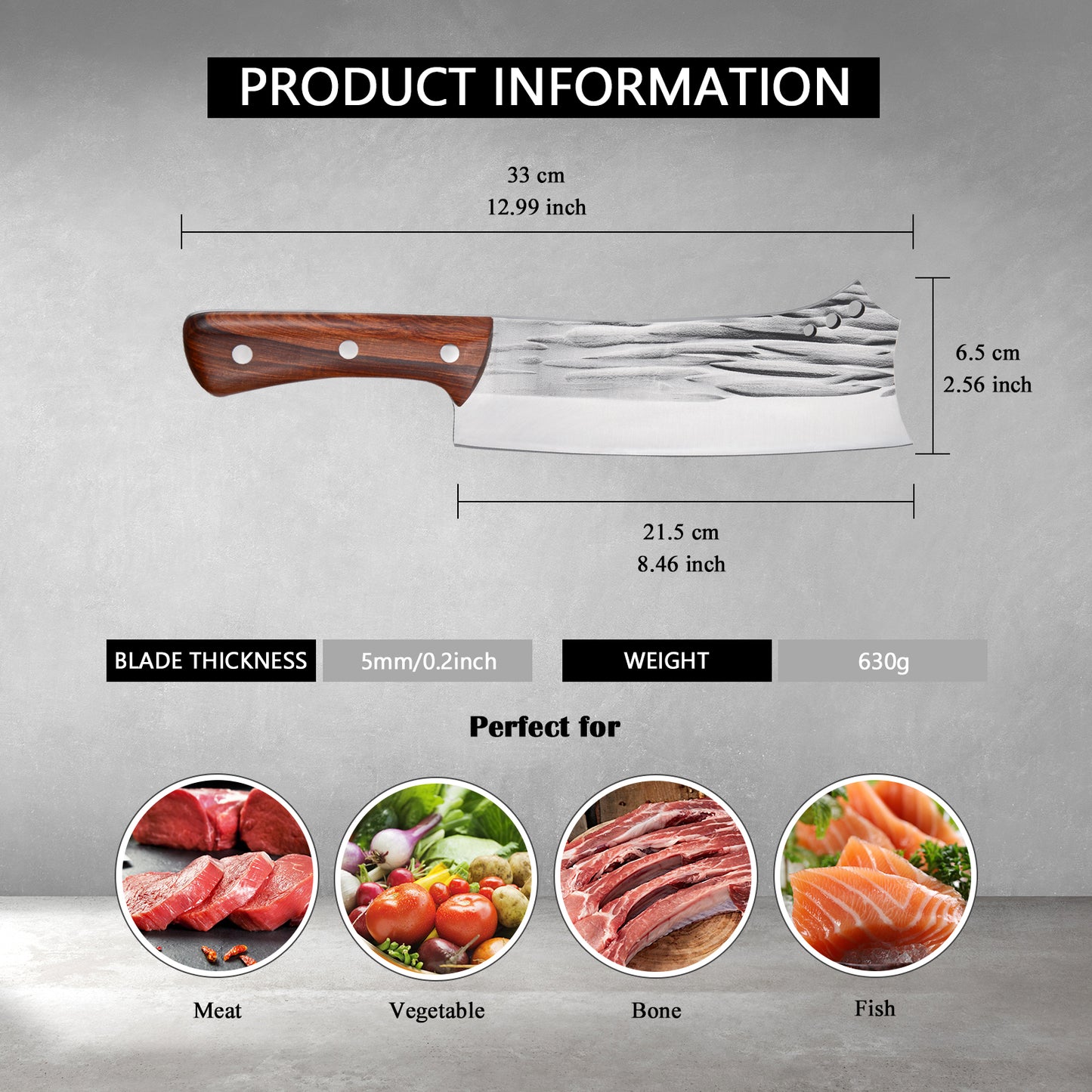 Kegani Meat Cleaver Knife - Heavy Duty Bone Chopper - 1.4 Lbs Butcher Knife Bone Knife - High Carbon Steel Butcher Knife For Meat Cutting, Bone Cutting