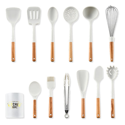 Creamy White Wooden Handle Silicone Kitchenware Set