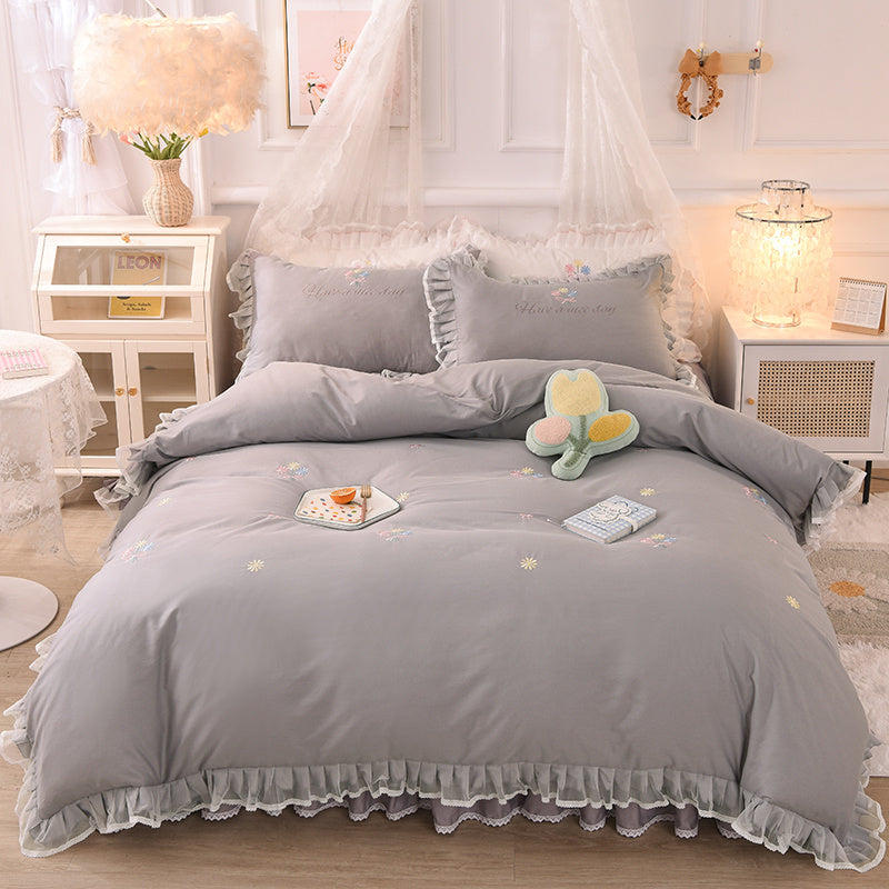 Summer Ruffled Cotton Four-piece Set Girl Heart Embroidery Flower Quilt Cover