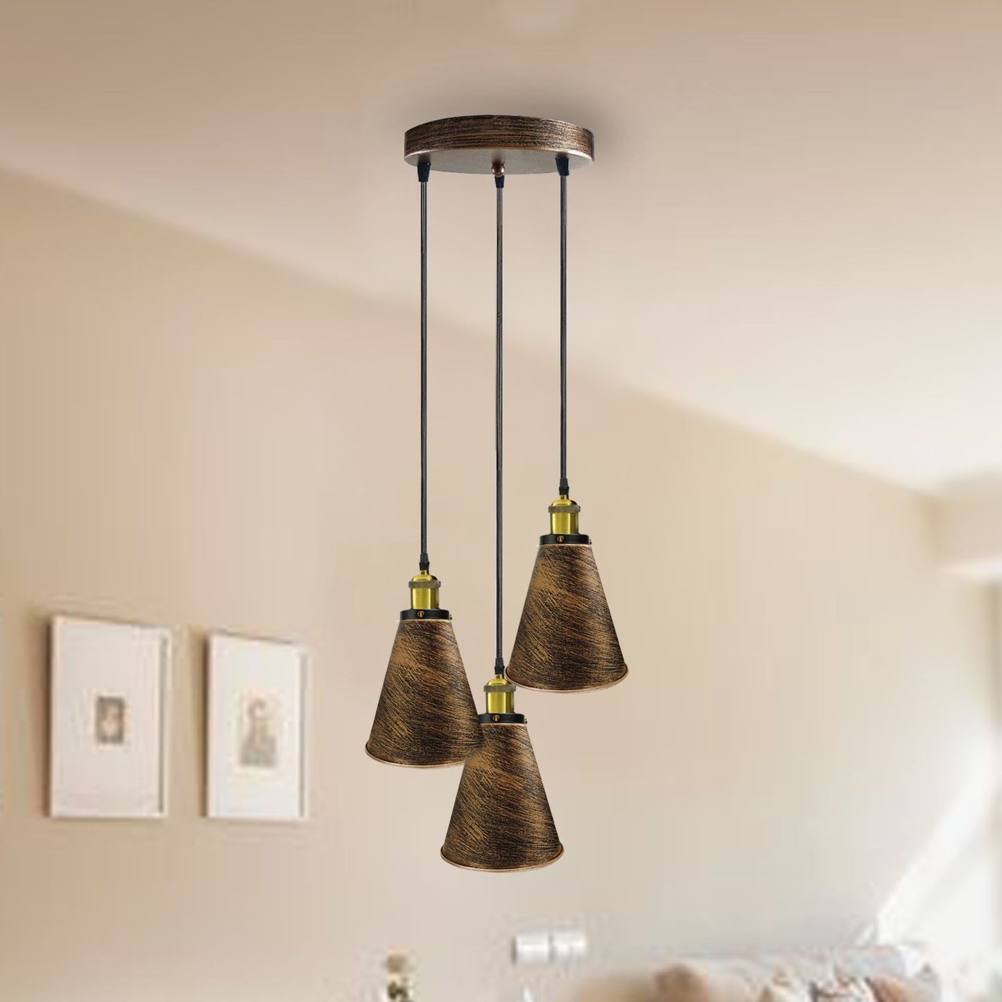 Retro Industrial 3- Head  Vintage Round Base Pendant Ceiling