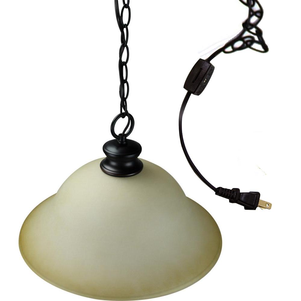 16"W Plug In Swag Amber Glass Pendant Light Bronze Finish