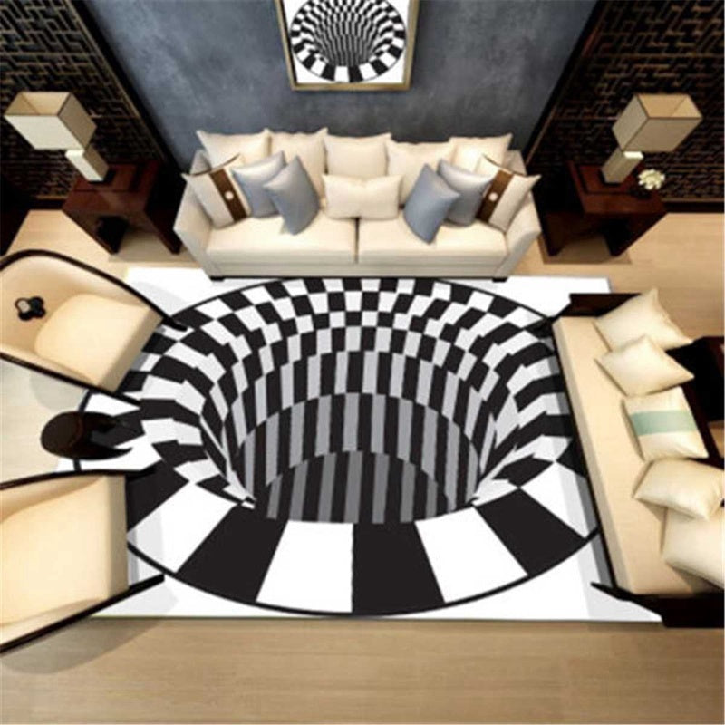 3D Vortex Carpet Black White Grid Bottomless Hole Illusion Rug Living Room Bedroom Anti-Slip Floor Mats Home Fashion Carpet Rugs