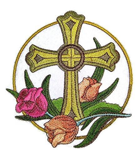 Holy Sacred Cross and Tulip Embroidery Iron On/Sew patch [5" x 5.15"]