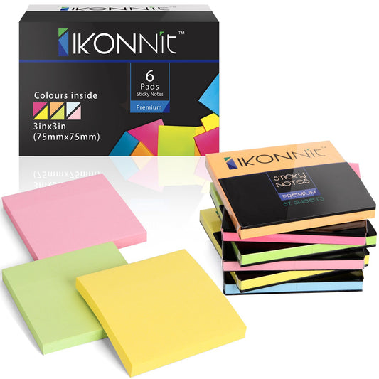 6 Pack 3"x3" Bright Color Self-Stick Sticky Notes For