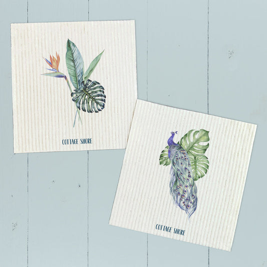 Peacock with Monstera, Tropical Plants 2pk - Swedish Dish Cloth