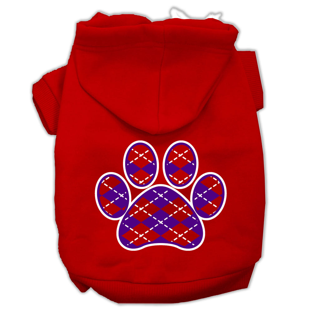 Argyle Paw Purple Screen Print Pet Hoodie - Red, Medium