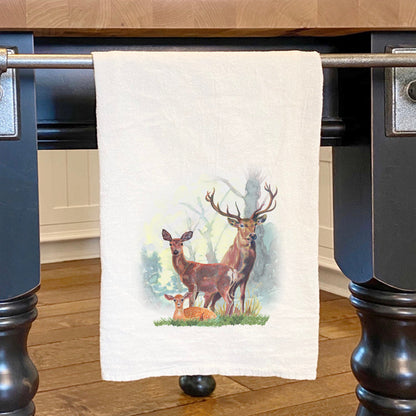 Deer Family in Forest - Cotton Tea Towel