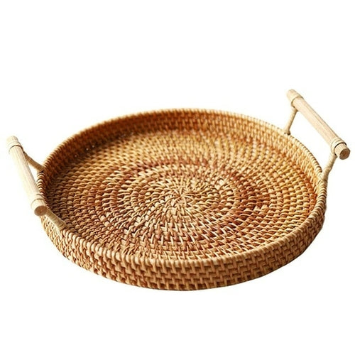 Rattan Storage Tray, Round Basket with Handle, Hand Woven, Rattan Tray