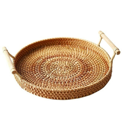 Rattan Storage Tray, Round Basket with Handle, Hand Woven, Rattan Tray