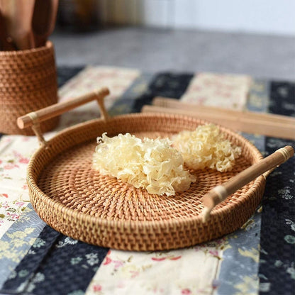 Rattan Storage Tray, Round Basket with Handle, Hand Woven, Rattan Tray