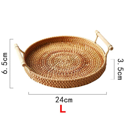 Rattan Storage Tray, Round Basket with Handle, Hand Woven, Rattan Tray