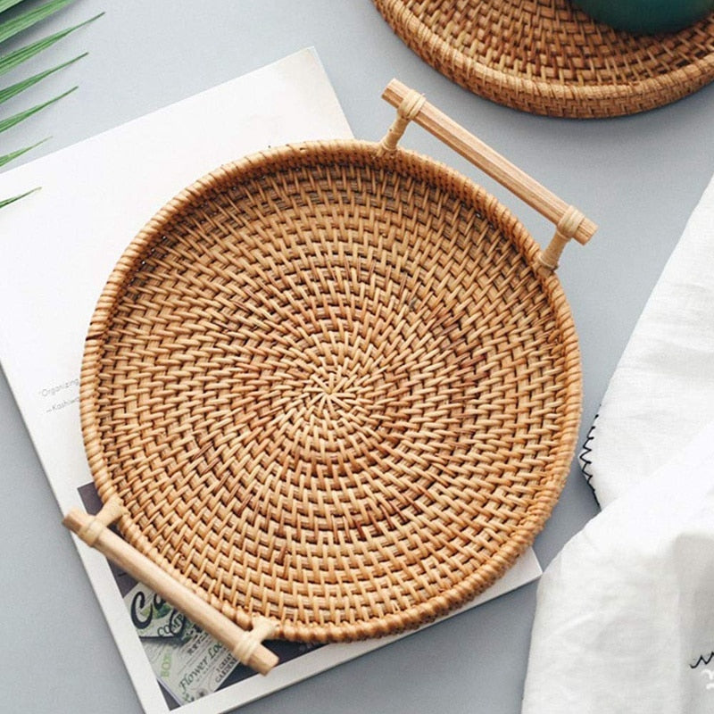 Rattan Storage Tray, Round Basket with Handle, Hand Woven, Rattan Tray