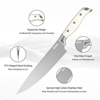 Qulajoy White Knife Set With Block - 9 Piece Razor Sharp Forged High Carbon Stainless Steel Kitchen Knives - Triple Rivet Cooking Knife Set With Kitchen Shear And Sharpener Stick