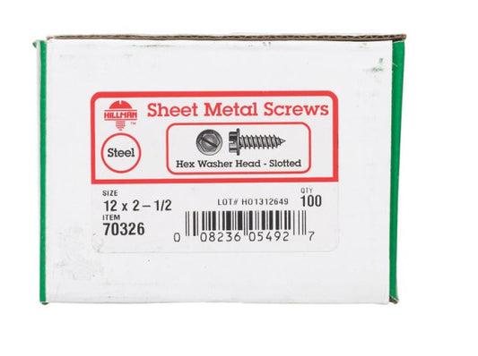 Hillman 70326 12 x 2.5 in. Hex Head Zinc Plated Sheet Metal Screw