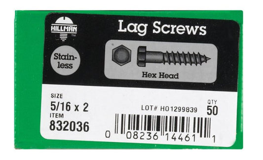 Hillman 832036 0.312 x 2 in. Hex Head Lag Bolt  Stainless Steel