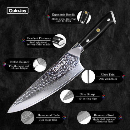 Qulajoy Chef Knife 8 Inch,Professional Japanese VG-10 Damascus 67 Layer Blade,Ultra Sharp Hammered Master Chefs Knife,Ergonomic G10 Handle,Triple Rivet And Full Tang