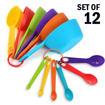 Multi-Color Measuring Cups And Spoons 12 Piece Set Plastic Cooking Kitchen Tools