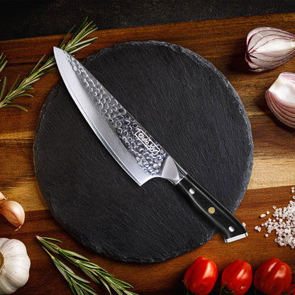 Qulajoy Chef Knife 8 Inch,Professional Japanese VG-10 Damascus 67 Layer Blade,Ultra Sharp Hammered Master Chefs Knife,Ergonomic G10 Handle,Triple Rivet And Full Tang