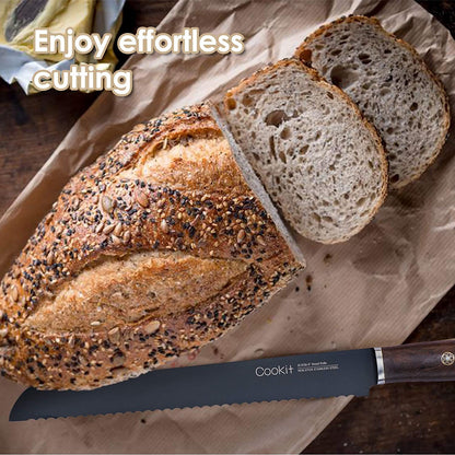 Bread Knife 9 Inch Serrated Non Stick Coating Stainless Steel With Upscale Monzo Wood Handle Bread Knife Birthday Bread Cake Knife With Gift Box