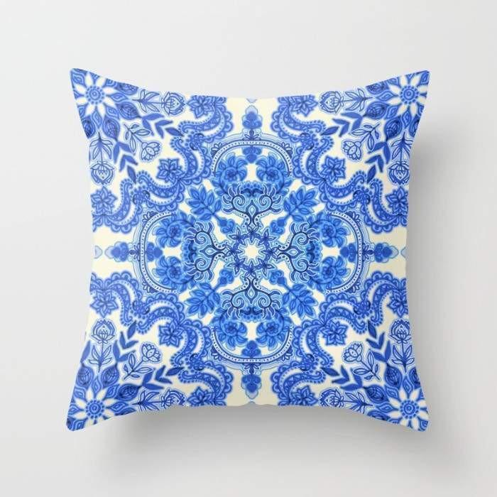 Cobalt Blue & China White Folk Art Pattern Cushion/Pillow